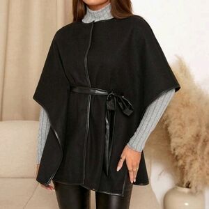 Black Round Neck Mid-Sleeve Cloak-Style Jacket, Autumn/Winter Coat